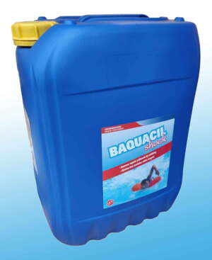 BAQUACIL Shock 10 ltr. Frigiver aktivt oxygen, som nedbryder de organiske stoffer, de badende afgiver til vandet. Derfor er dette produkt helt essentielt til brug i klorfrie pools.
