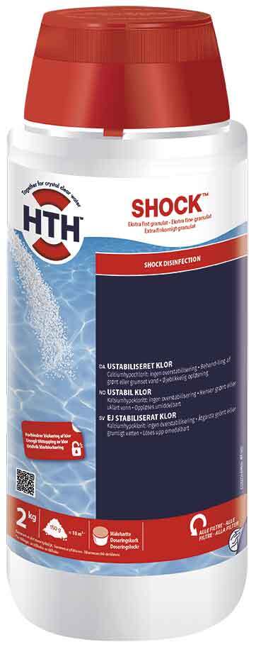 HTH Shock Powder er et let opløseligt pulver, der kan strøs ud over vandet og skal således ikke opløses. Produktet er baseret på calciumhypochlorit (ustabiliseret klor), der derfor ikke danner klorlås i din pool.