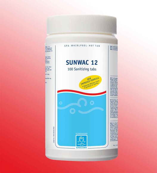 SpaCare SunWac 12-tabletter tilsættes før
og efter bad i en dosis, som afhænger af størrelsen på dit spabad (for spabade på 1.000-3.000 ltr. vand)