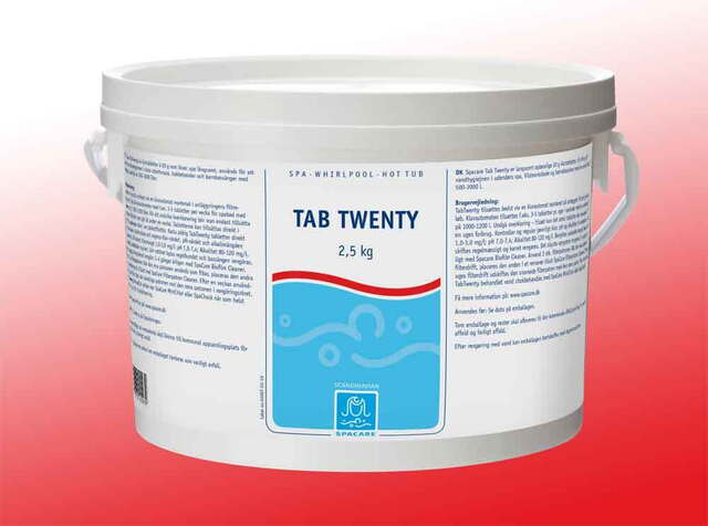 SpaCare Tab Twenty er langsomt opløselige 20 grams multitabletter, som indeholder klor, flokningsmiddel, algemiddel og pH-stabilisering. Produktet sikrer vandhygiejnen i dit spabad.