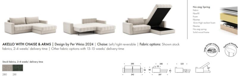 Akello sofa bed with chaise and armrests