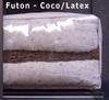 Futon COCO madrassen indeholder 4 x Cotton / 30 mm Coco / 4 x Cotton. (Vulkaniseret kokoskerne, sprøjtet med 100% natur latex fra et gummitræ). Tykkelse på ca. 17 cm.